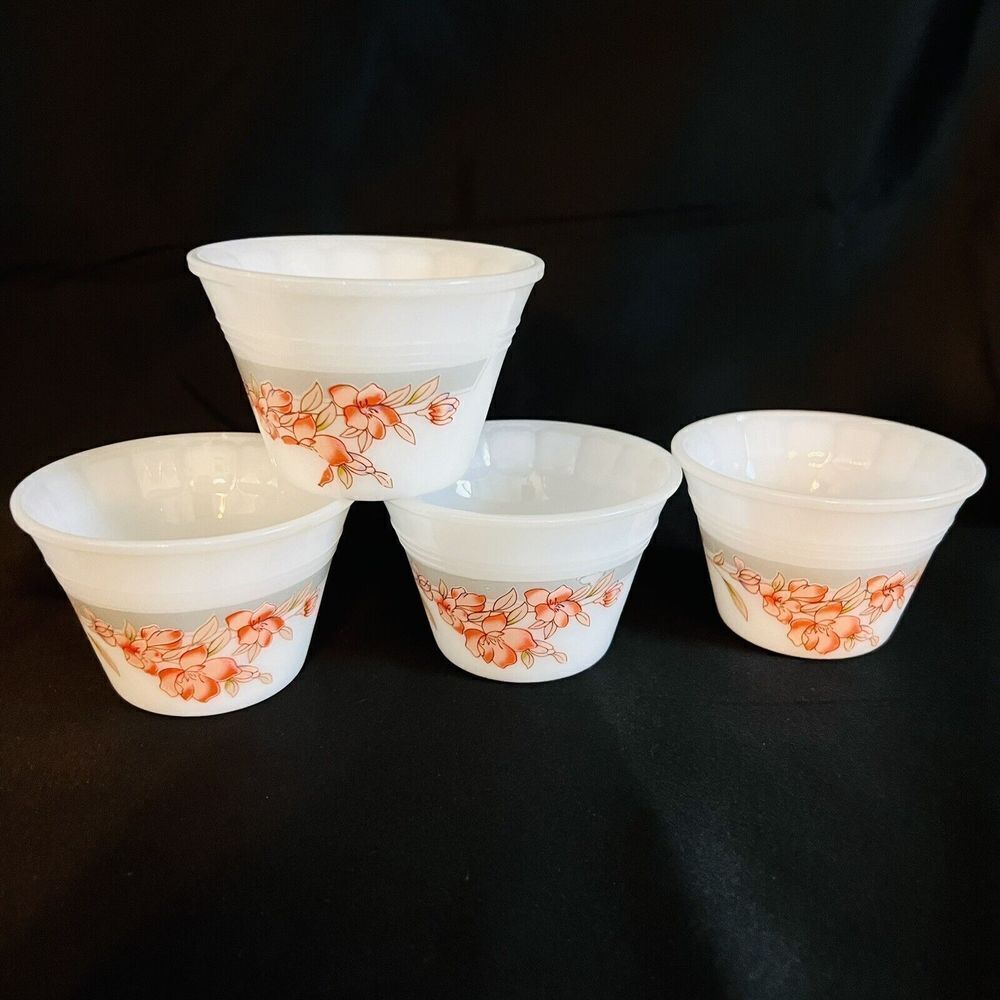 Vintage Milk Glass Ramekins Bowls Fruit cups Indopal Indonesia Flower Set of 4